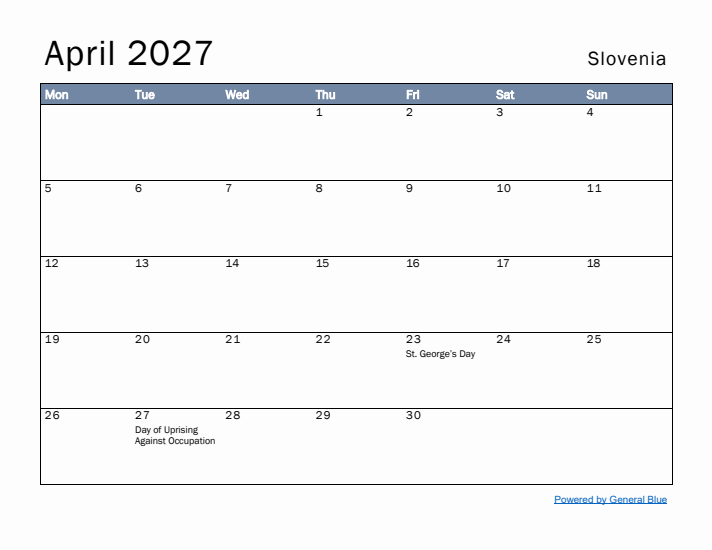 April 2027 Simple Monthly Calendar for Slovenia