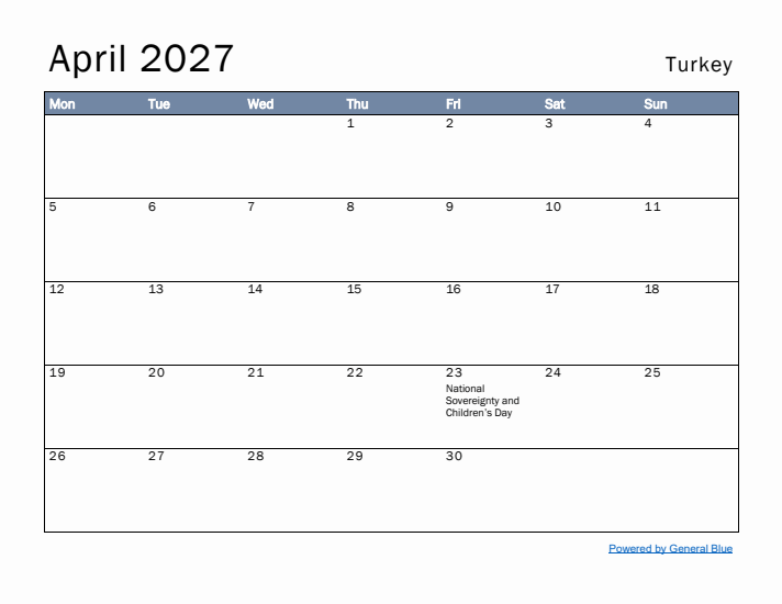 April 2027 Simple Monthly Calendar for Turkey