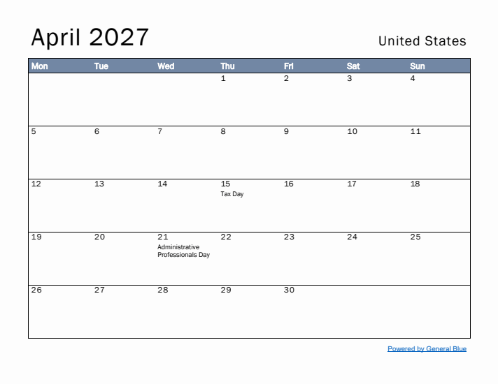 April 2027 Simple Monthly Calendar for United States