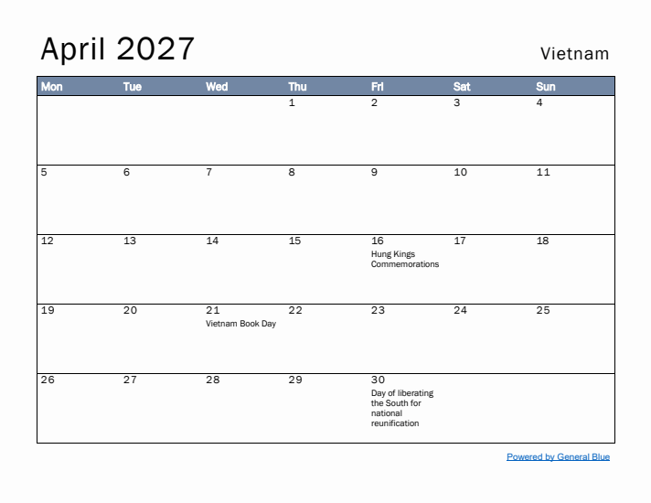 April 2027 Simple Monthly Calendar for Vietnam