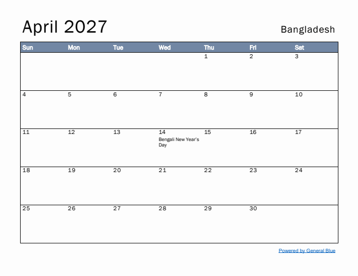 April 2027 Simple Monthly Calendar for Bangladesh