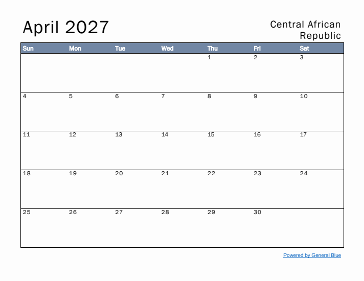 April 2027 Simple Monthly Calendar for Central African Republic