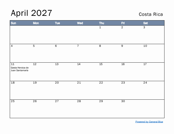 April 2027 Simple Monthly Calendar for Costa Rica