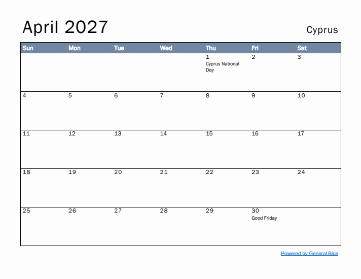 April 2027 Simple Monthly Calendar for Cyprus