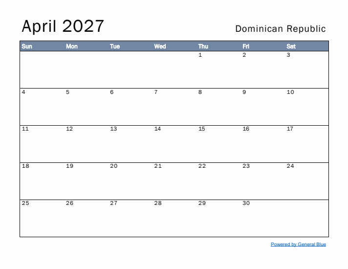 April 2027 Simple Monthly Calendar for Dominican Republic