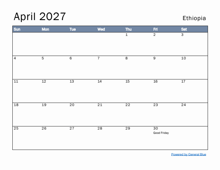 April 2027 Simple Monthly Calendar for Ethiopia