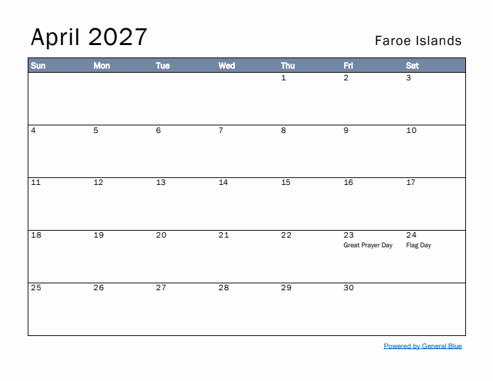 April 2027 Simple Monthly Calendar for Faroe Islands