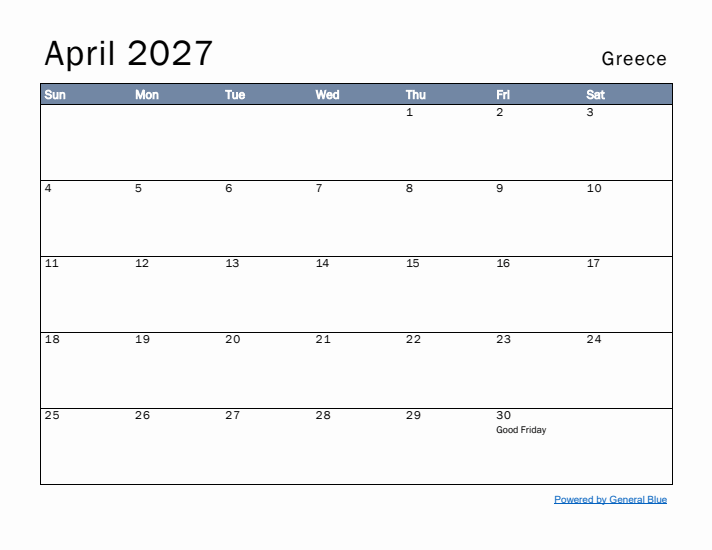 April 2027 Simple Monthly Calendar for Greece