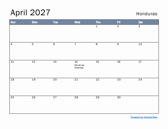 April 2027 Simple Monthly Calendar for Honduras