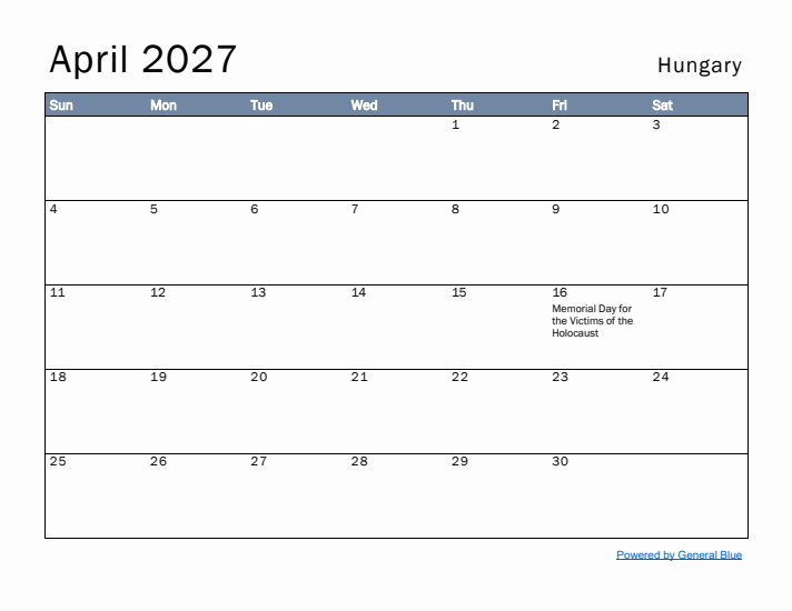 April 2027 Simple Monthly Calendar for Hungary