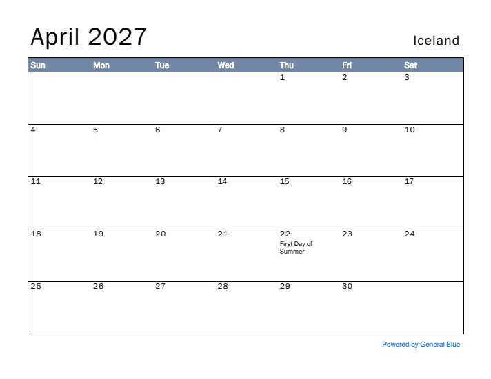 April 2027 Simple Monthly Calendar for Iceland