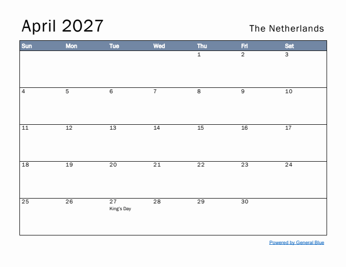 April 2027 Simple Monthly Calendar for The Netherlands