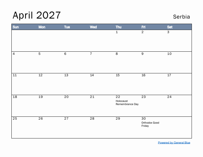 April 2027 Simple Monthly Calendar for Serbia