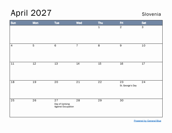 April 2027 Simple Monthly Calendar for Slovenia