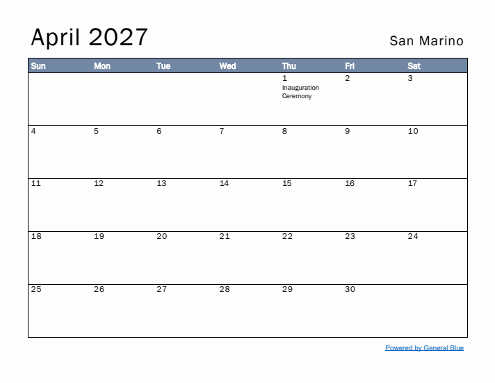 April 2027 Simple Monthly Calendar for San Marino