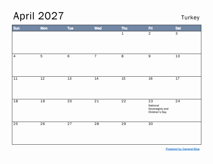 April 2027 Simple Monthly Calendar for Turkey