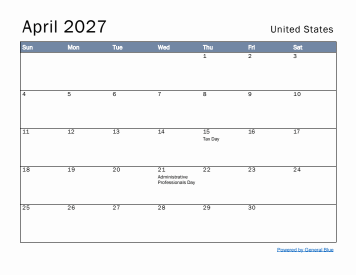 April 2027 Simple Monthly Calendar for United States