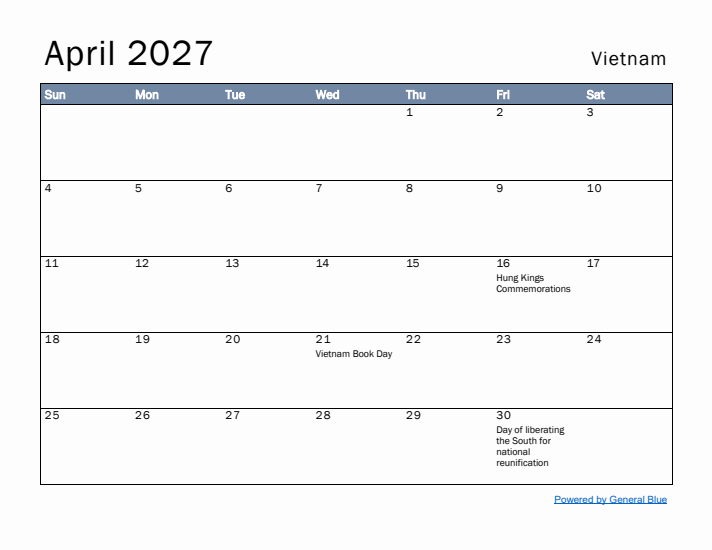 April 2027 Simple Monthly Calendar for Vietnam