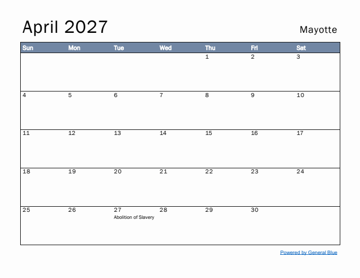 April 2027 Simple Monthly Calendar for Mayotte