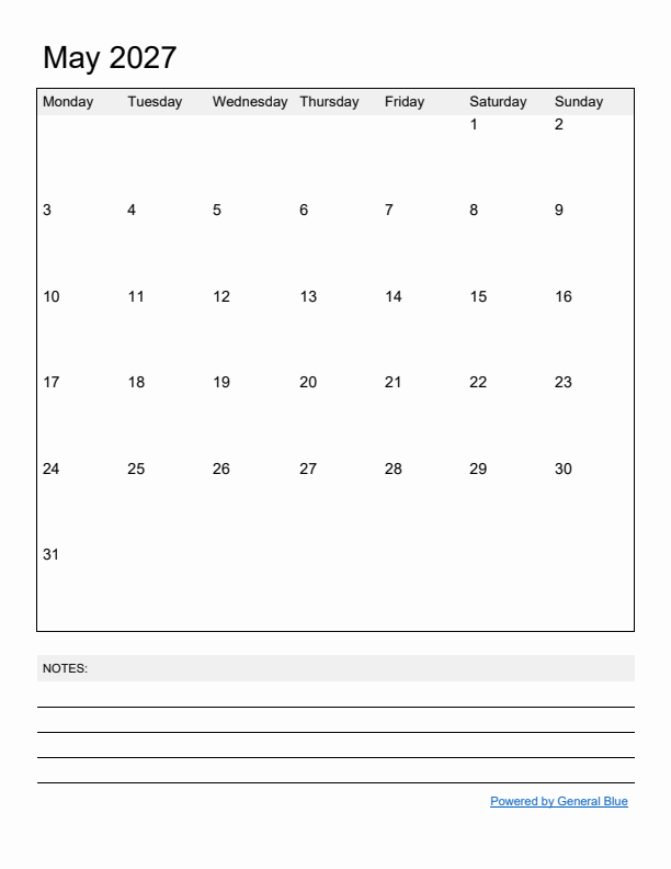 Basic Monthly Calendar Template for May 2027