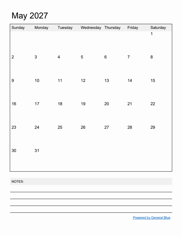 Basic Monthly Calendar Template for May 2027