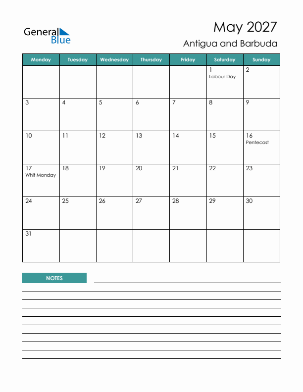 Calendar with Notes Printable - Monday Start