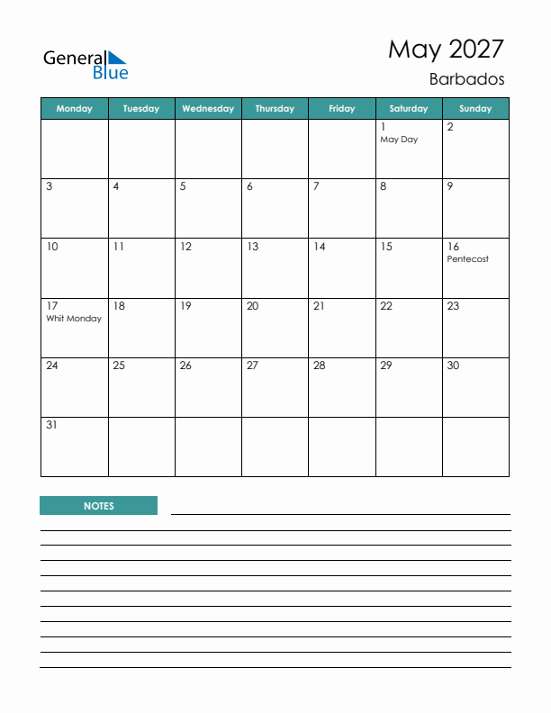 Calendar with Notes Printable - Monday Start