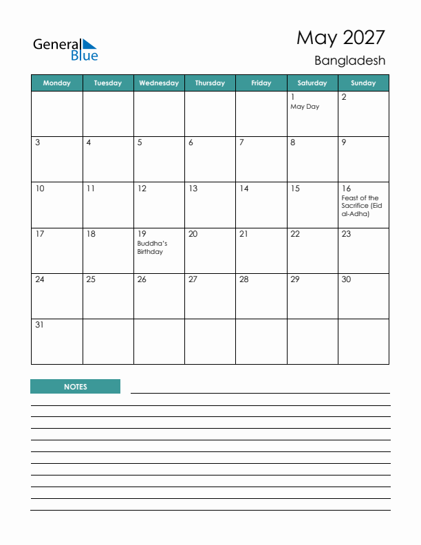 Calendar with Notes Printable - Monday Start