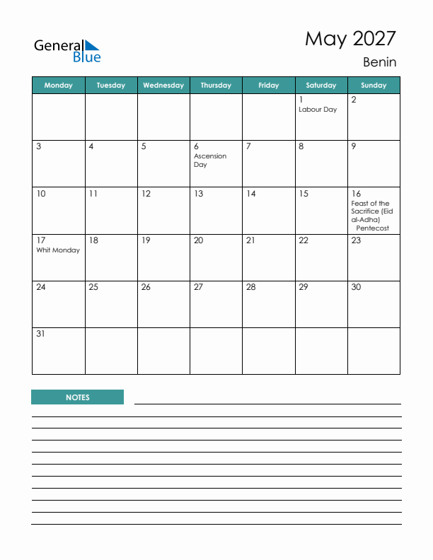 Calendar with Notes Printable - Monday Start