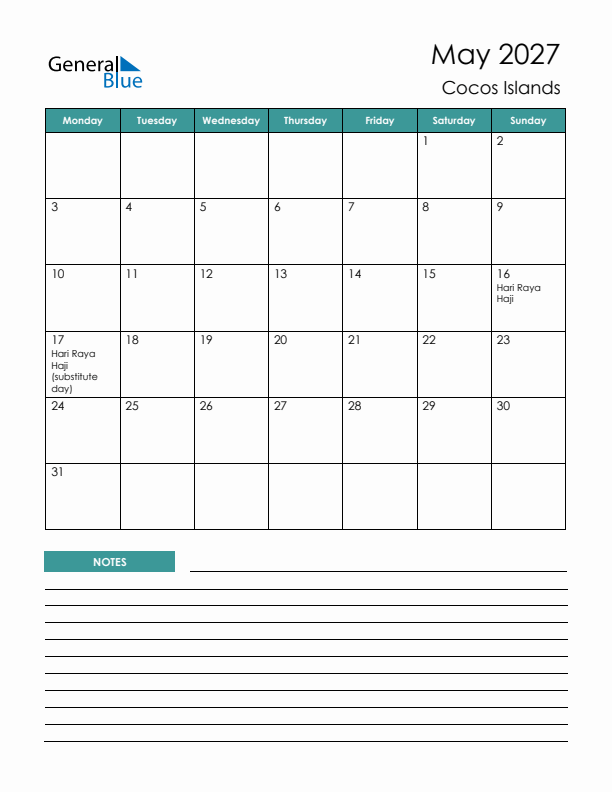 Calendar with Notes Printable - Monday Start