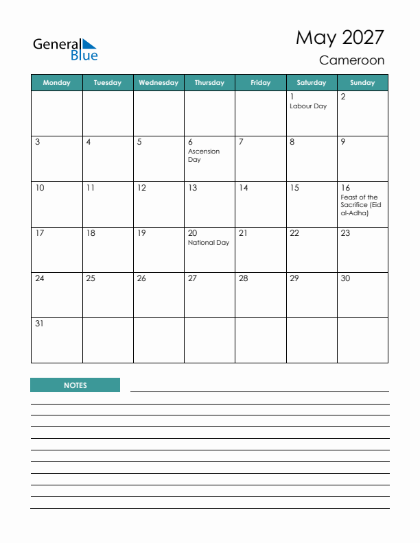 Calendar with Notes Printable - Monday Start