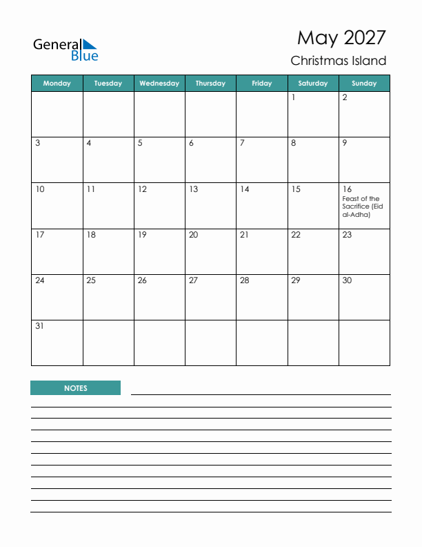 Calendar with Notes Printable - Monday Start