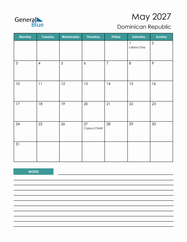 Calendar with Notes Printable - Monday Start