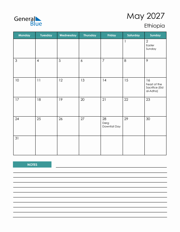 Calendar with Notes Printable - Monday Start