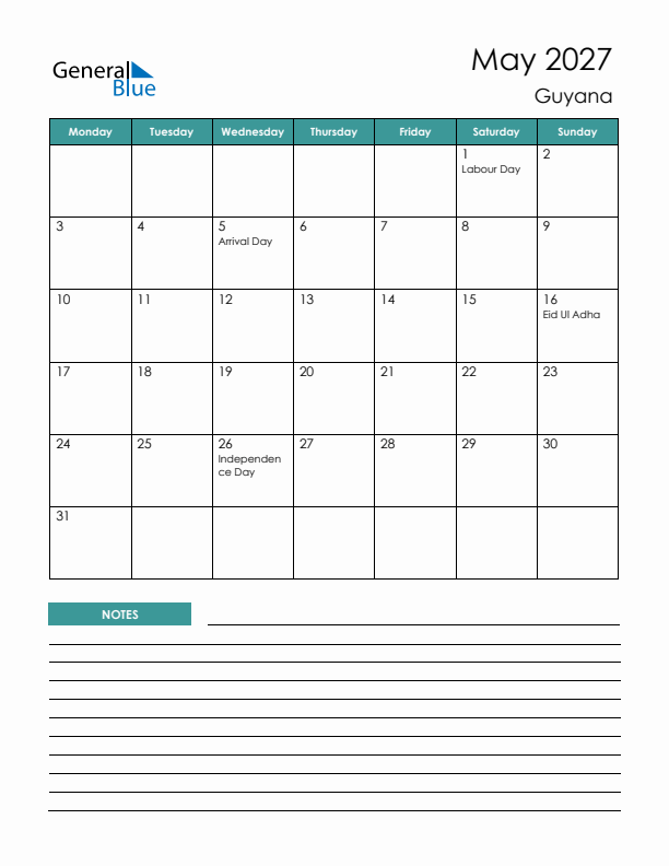 Calendar with Notes Printable - Monday Start