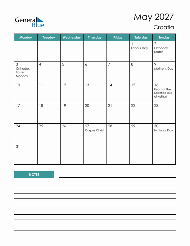 Calendar with Notes Printable - Monday Start