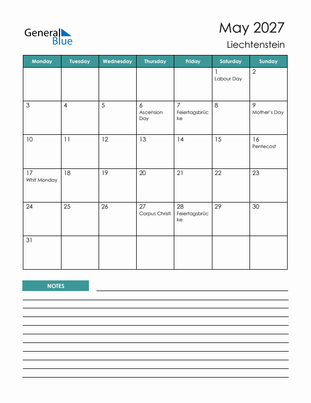 Calendar with Notes Printable - Monday Start