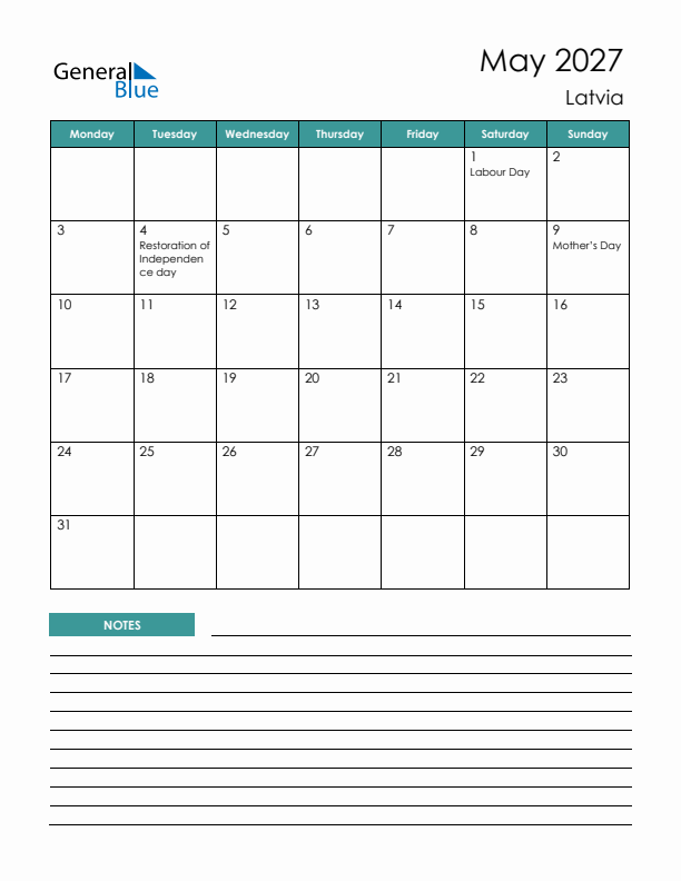 Calendar with Notes Printable - Monday Start