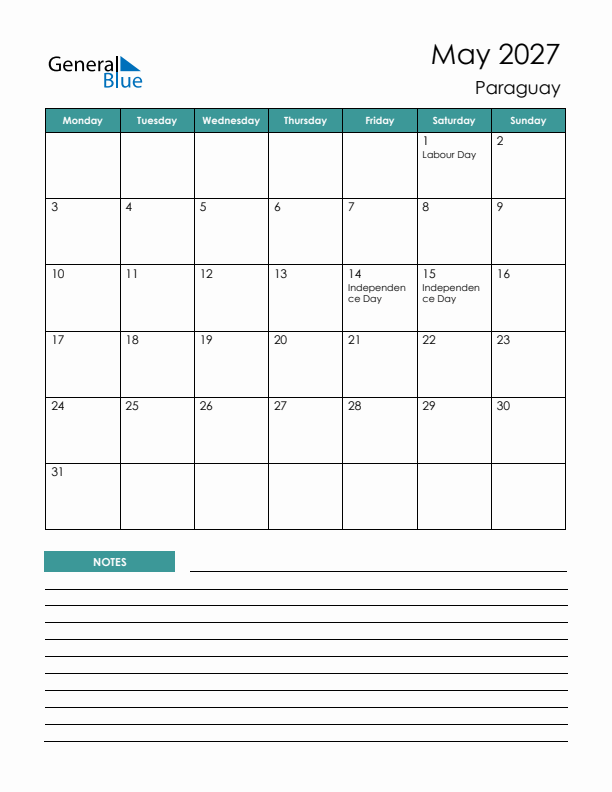 Calendar with Notes Printable - Monday Start