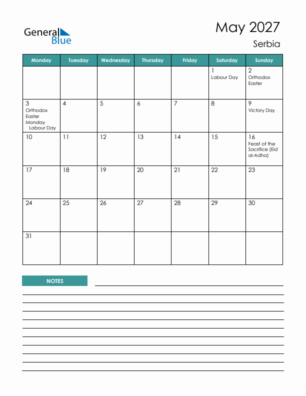 Calendar with Notes Printable - Monday Start