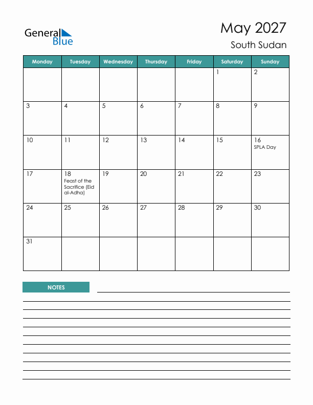 Calendar with Notes Printable - Monday Start