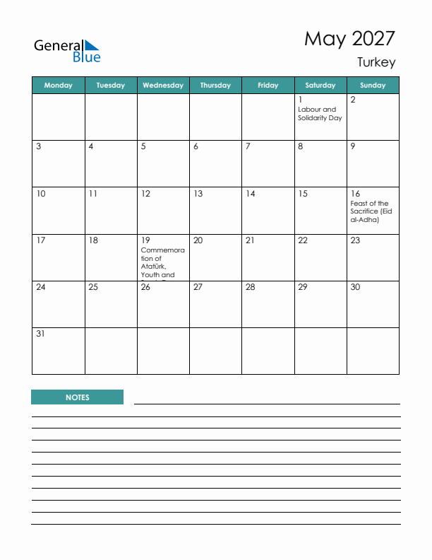 Calendar with Notes Printable - Monday Start