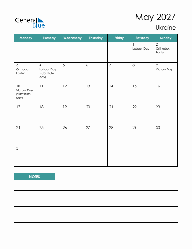 Calendar with Notes Printable - Monday Start