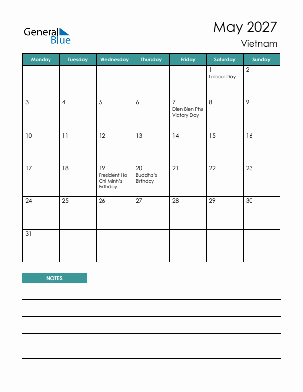 Calendar with Notes Printable - Monday Start