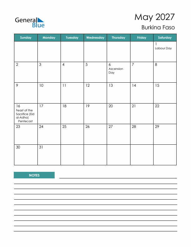 Calendar with Notes Printable - Sunday Start