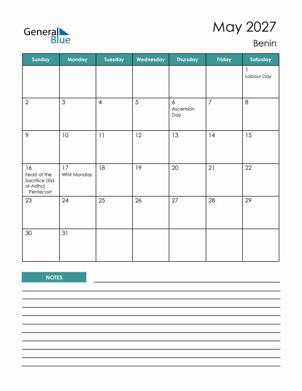 Calendar with Notes Printable - Sunday Start