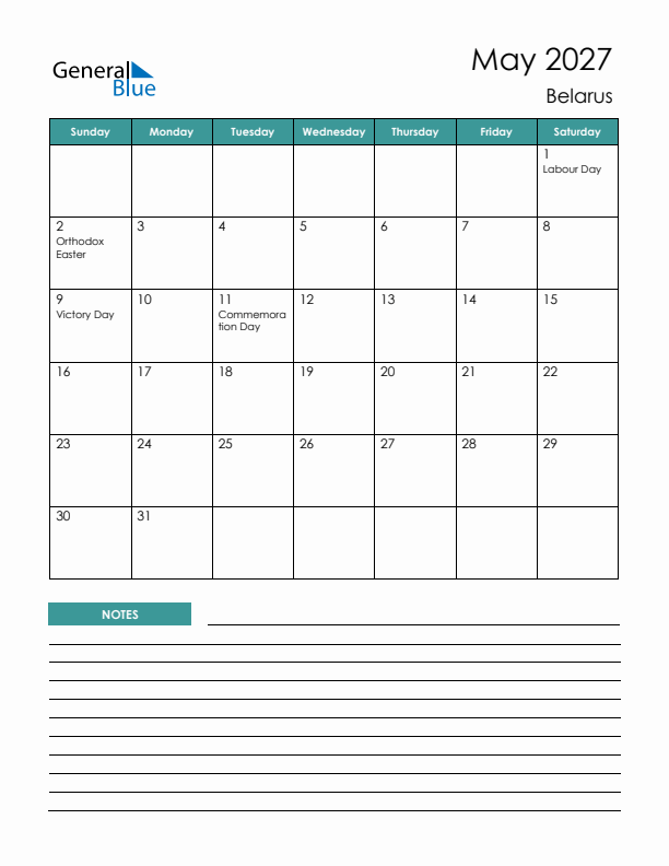 Calendar with Notes Printable - Sunday Start