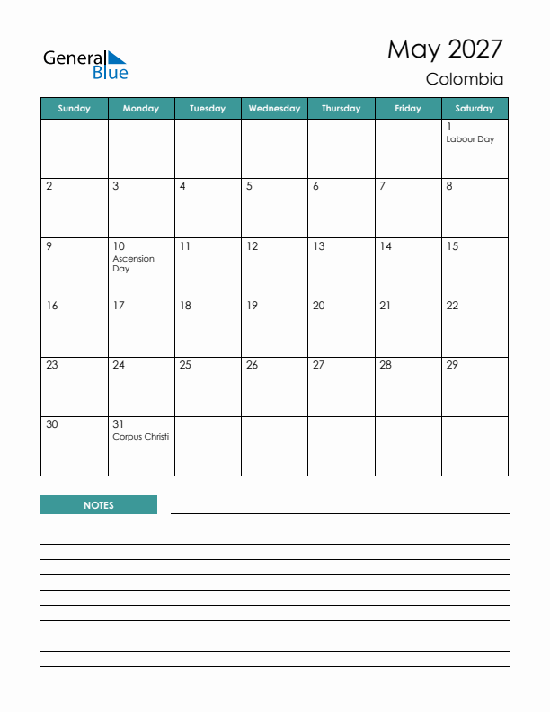 Calendar with Notes Printable - Sunday Start