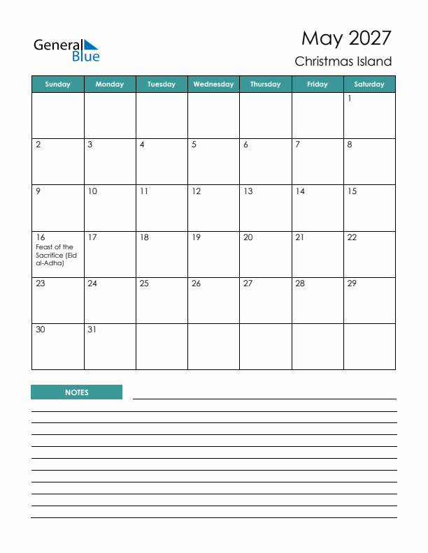 Calendar with Notes Printable - Sunday Start