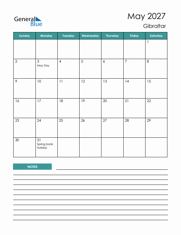 Calendar with Notes Printable - Sunday Start